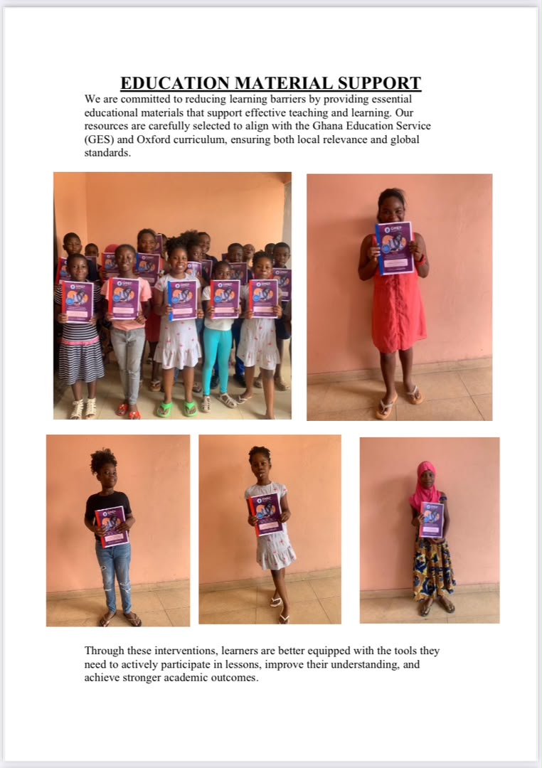 GMEF education material support collage showing learners with workbooks.